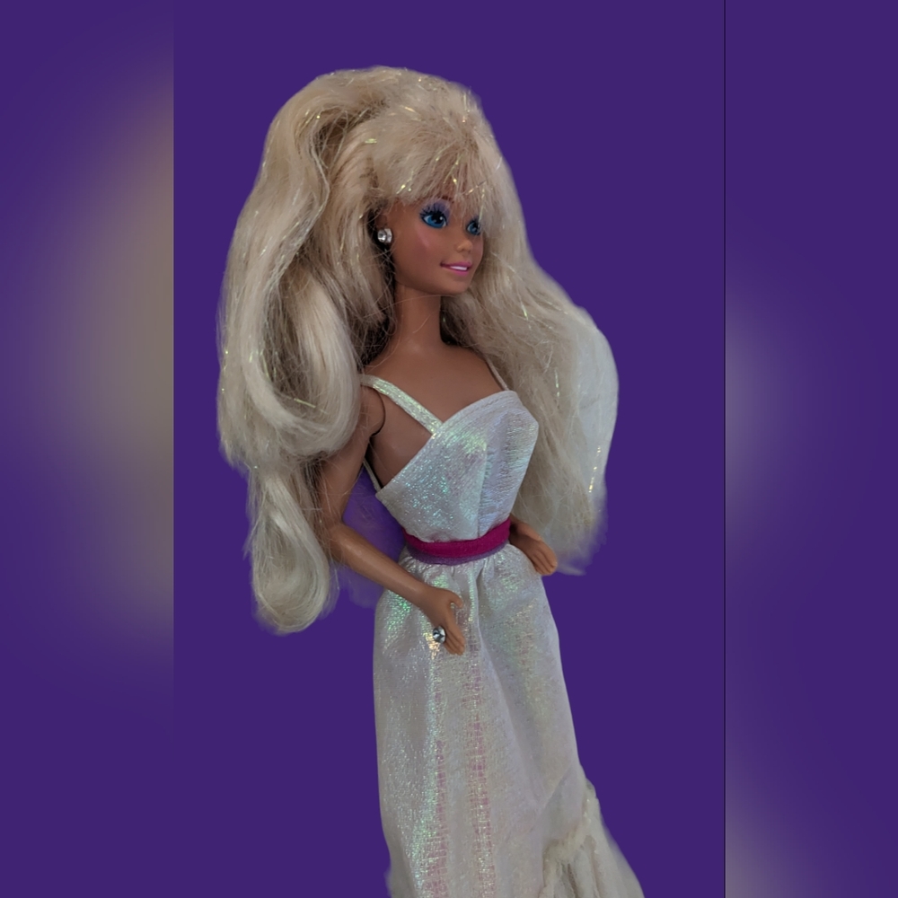 Vintage 1980s Barbie Big Hair & Bangs Iridescent Dress Pink Purple Rhinestones
